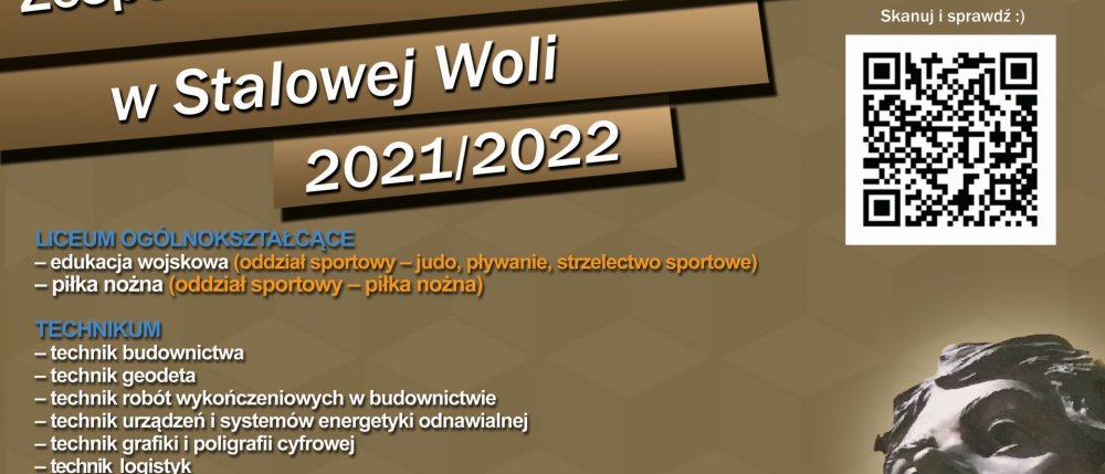 Plakat przedstawiający ofertę szkoły. W górnym lewym rogu logo szkoły, obok zdjęcie szkoły od frontu, poniżej oferta edukacyjna, kod QR i dane kontaktowe oraz logo funduszy europejskich.