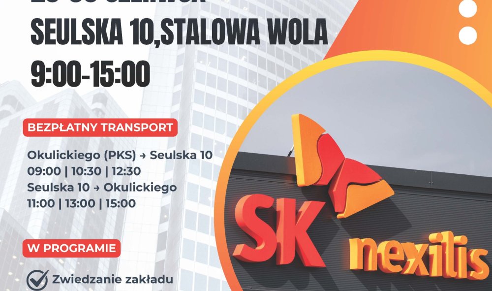 Plakat informujący o Dniach Otwartych SK Nexilis Poland w Stalowej Woli, które odbędą się 29–30 czerwca 2026 r. przy ul. Seulskiej 10 w godzinach 9:00–15:00.