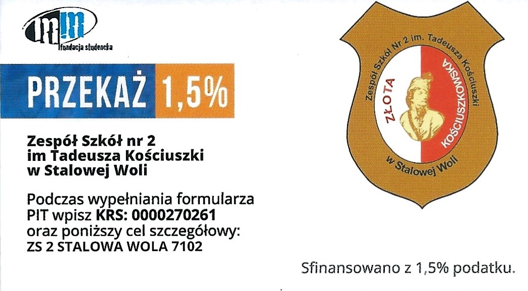 Logo Zespołu Szkół Nr 2 oraz dane do przekazania podatku