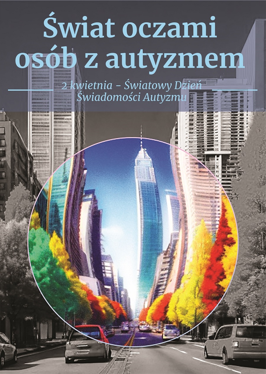 Czarno białe miasto widziane w rybim oku wypełniomym kolorami