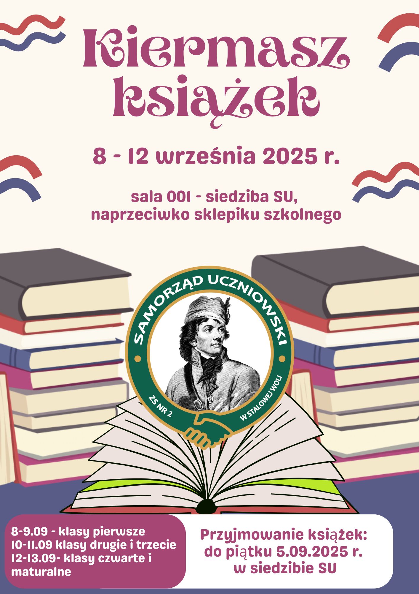 Logo samorządu szkolnego na tle książek