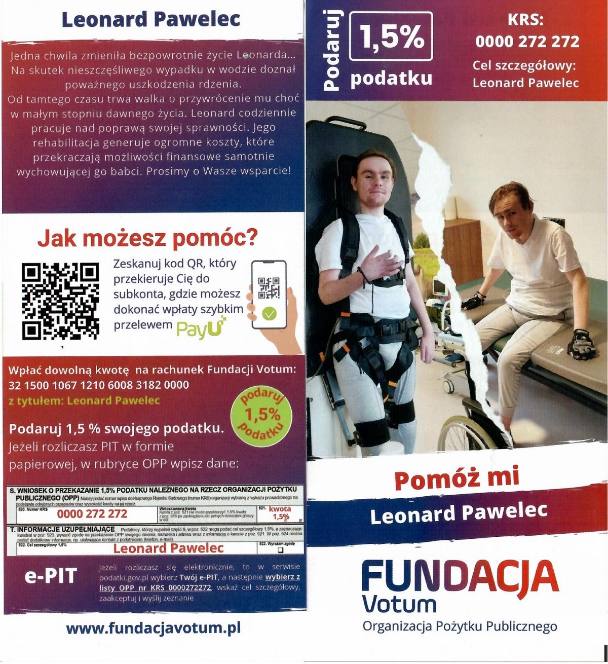 Ulotka fundacji Votum. Przekazanie 1,5% podatku