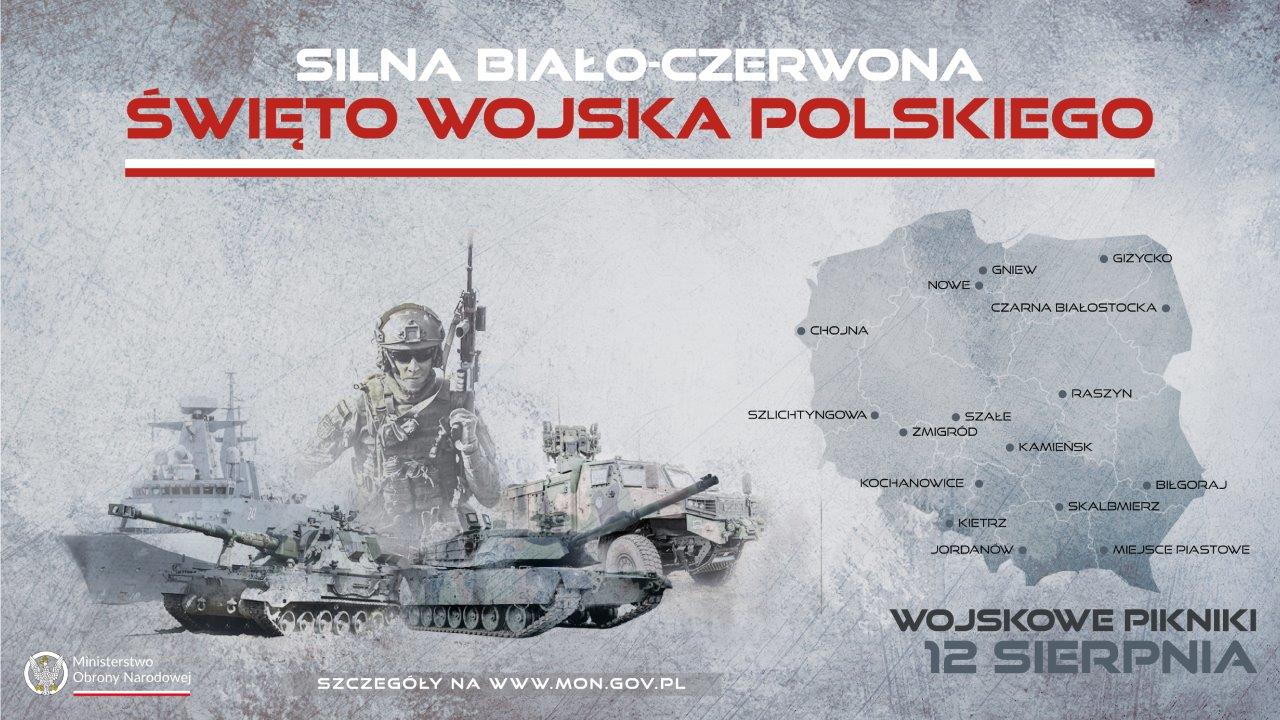 Plakat - żołnierz na tle sprzętu wojskowego obok mapa Polski