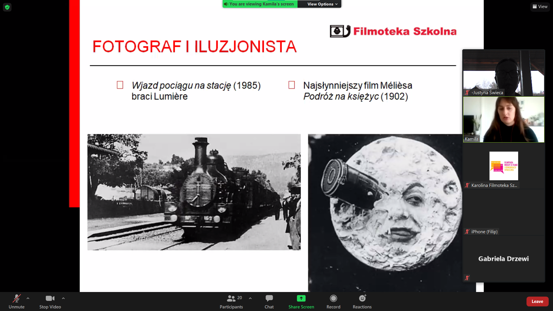 Kadry pierwszych filmów - Wjazd pociągu na stację i Podróż na księżyc. 