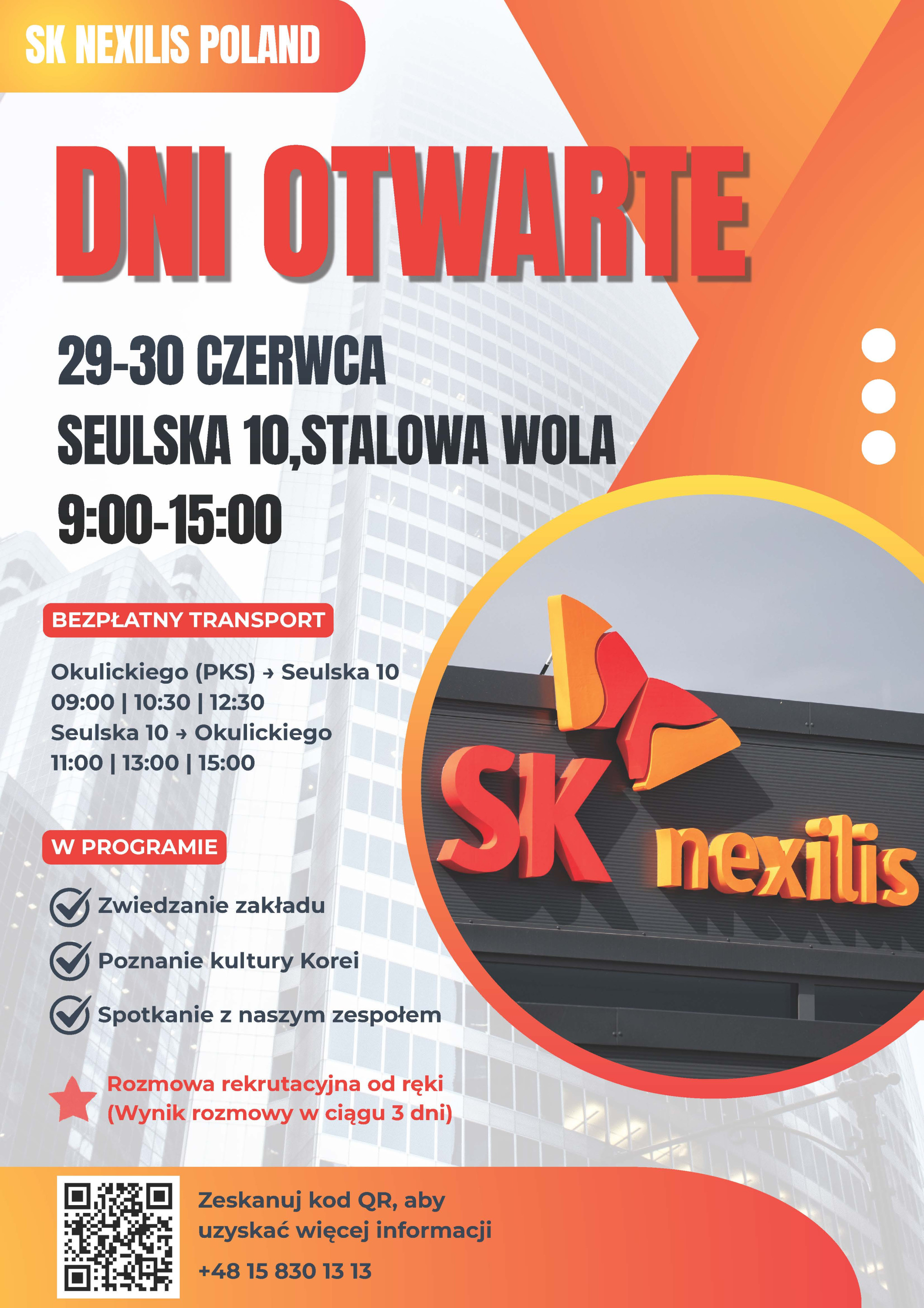 Plakat informujący o Dniach Otwartych SK Nexilis Poland w Stalowej Woli, które odbędą się 29–30 czerwca 2026 r. przy ul. Seulskiej 10 w godzinach 9:00–15:00.
