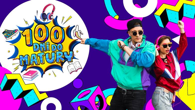 Młodzi ludzie na kolorowym tle, tańczą. Napis "100 dni do matury" Młodzi ludzie na kolorowym tle, tańczą. Napis "100 dni do matury"